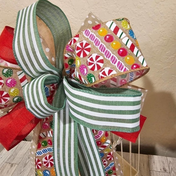 Candy Bow, Handmade Christmas Bow, Winter Bow, Whimsical Bow, Tree Topper - Picture 5 of 11